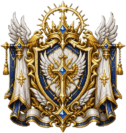 A gold and white Kronenfall crest: a shield with a cross and a crown, framed by wings and banners.