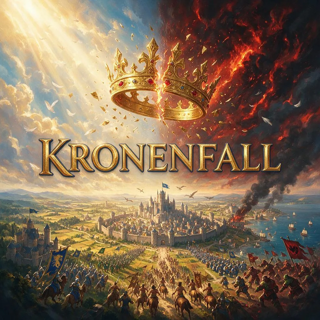 Kronenfall cover art: a golden crown splits in two above a walled city while knights and orcs charge at each other, under a sky that is half sunlight, half fire.