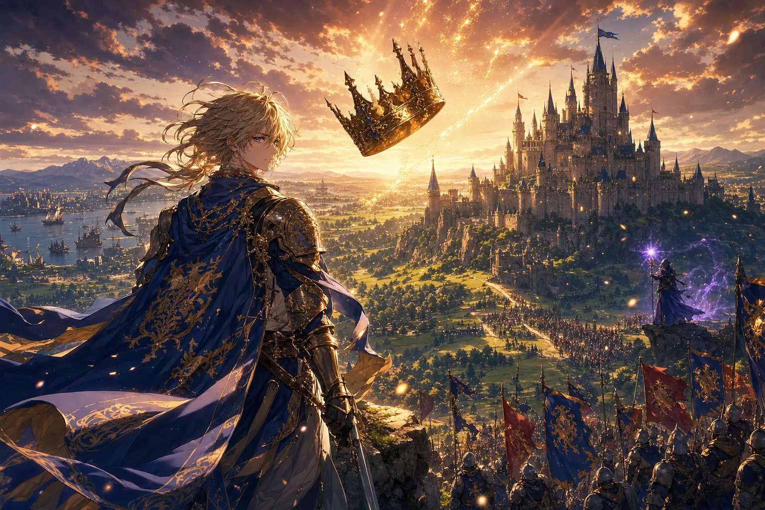 Kronenfall key art: a knight in a blue cloak watches a golden crown fall toward a castle while an army gathers below.