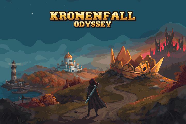 Kronenfall Odyssey title screen in pixel art: a hooded wanderer with a sword looks toward a giant broken crown on a hill, between a lighthouse, a domed palace and a burning dark castle.