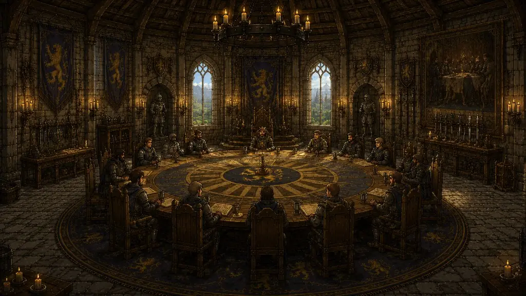 A pixel-art throne hall in Kronenfall: knights gather around a round table under lion banners.